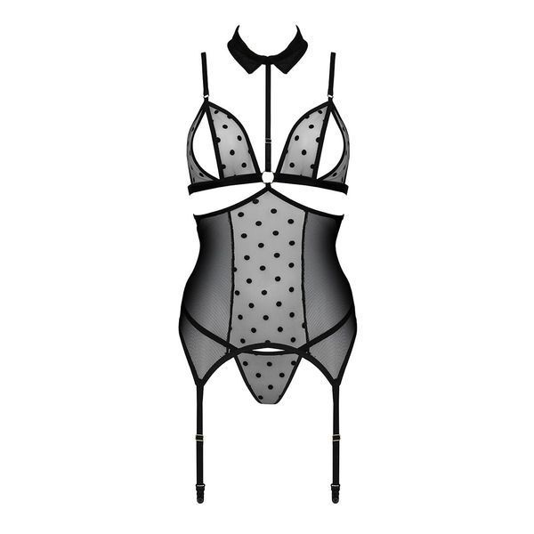 Корсет з відкритими грудьми Passion DOMINICA CORSET L/XL black, пажі для панчіх, стрінги SO8433 фото