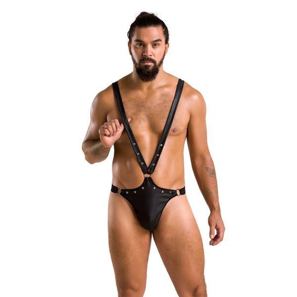 Мужское боди с люверсами Passion 028 HARRY L/XL Black, экокожа, на лямках SO7555 фото