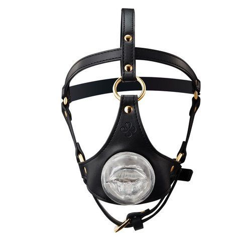 Маска-сбруя для минета LOCKINK SEVANDA Blowjob Head Harness, черная, с мягкой вставкой в виде губ SX0911 фото