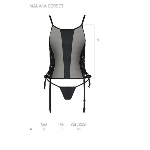 Сітчастий корсет з люверсами та знімними пажами Passion MALWIA CORSET S/M, black, екошкіра, стрінги SO5766 фото