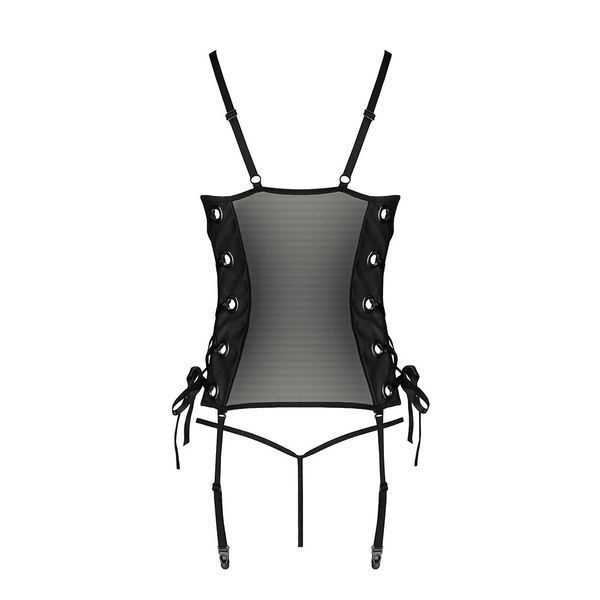 Сітчастий корсет з люверсами та знімними пажами Passion MALWIA CORSET S/M, black, екошкіра, стрінги SO5766 фото