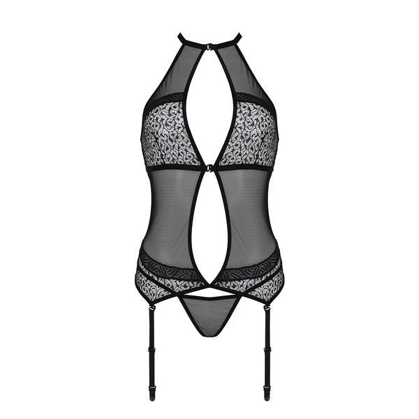 Корсет с пажами Passion SATARA CORSET XXL/XXXL black, стринги, кружево, застежки спереди и сзади SO8477 фото