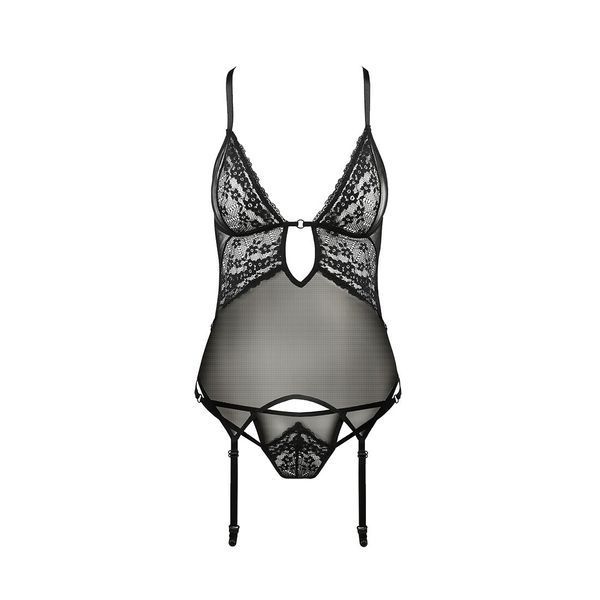 Корсет с декольте Passion ERZA CORSET L/XL, black, пажи, трусики, полупрозрачный PS26007 фото