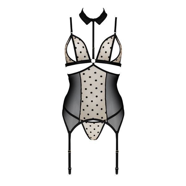 Корсет з відкритими грудьми Passion DOMINICA CORSET XXL/XXXL beige, пажі для панчіх, стрінги SO8432 фото
